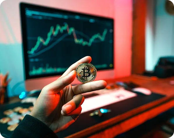 Hand holding Bitcoin with trading screens in background