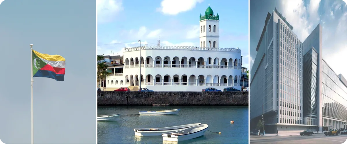 Comoros locations - flag, traditional building, and modern architecture