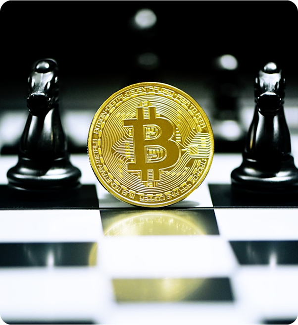 Bitcoin with chess pieces representing strategic planning