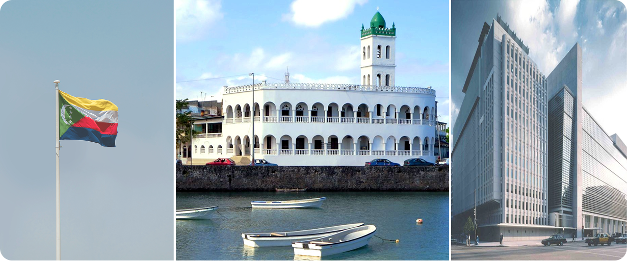 Comoros locations - flag, traditional building, and modern architecture
